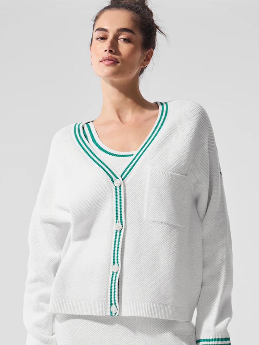 ALO Yoga White V-Neck Cardigan with Green Stripe Trim